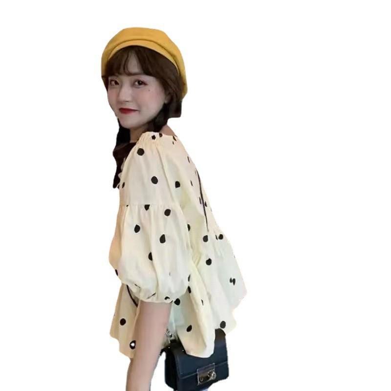 Short-sleeved shirt chiffon polka dot new Korean version bubble sleeve lace-up shirt women's clothing summer loose and thin