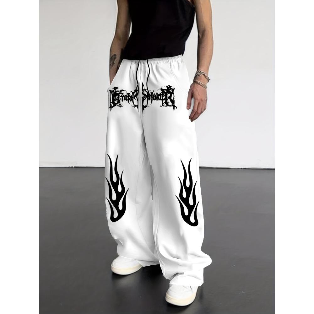Spodnie Zimowe Streetwear z Nadrukiem Płomieni Szerokie Nogawki Męskie Ubrania Codzienne Siłownia i Luźne Spodnie Modny Styl Uliczny
