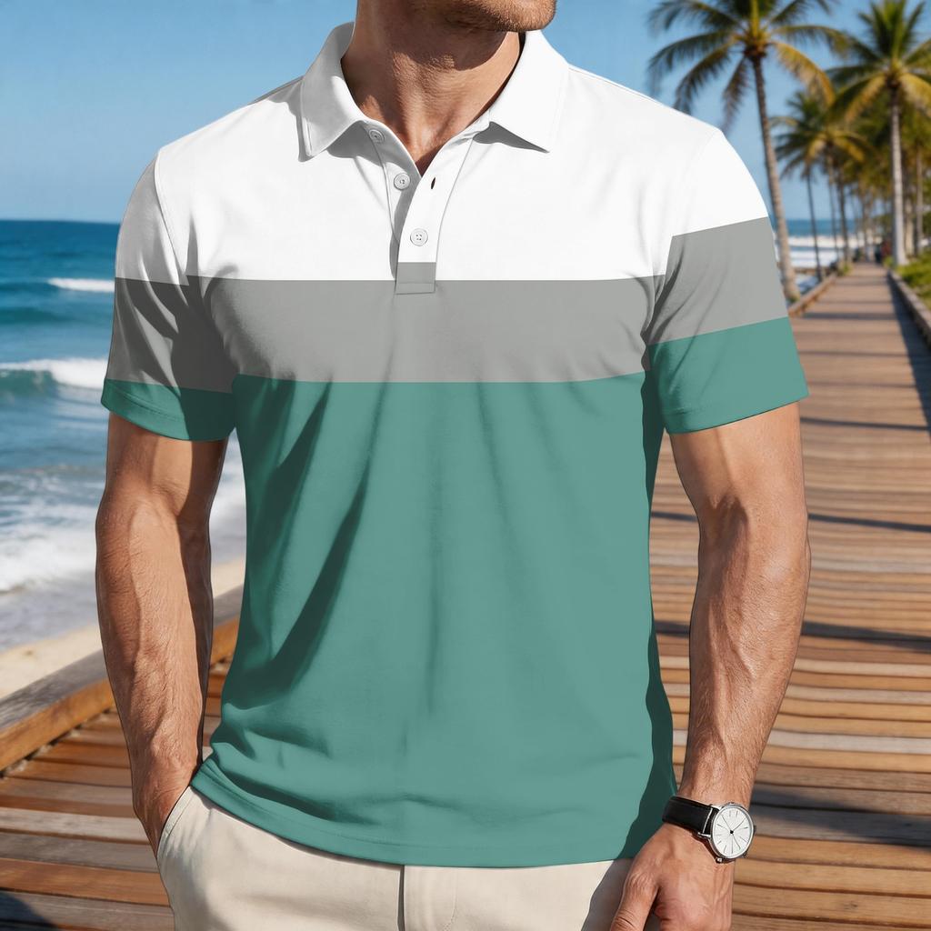 Men’s Loose Fit Striped Print Polo Shirt Short Sleeve Casual Turn Down Collar Lightweight Top for Everyday Wear