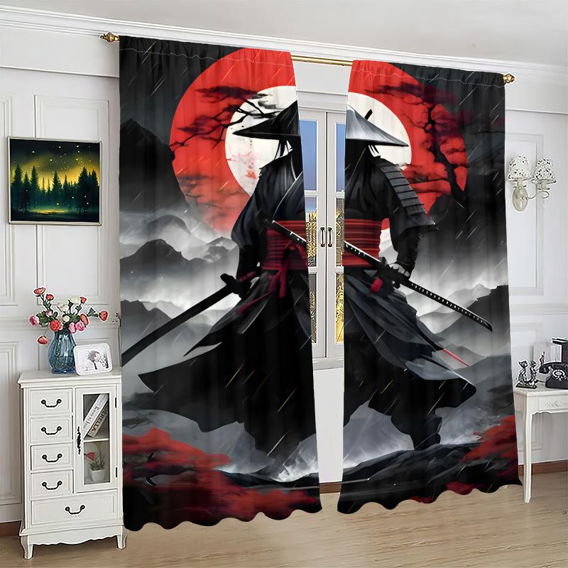 2 curtains in Samurai print - Polyester - suitable for bedroom, living room, study, private space + magnetic binding