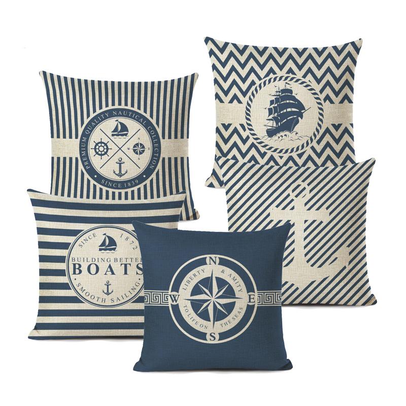 Blue Stripe Compass Boat Cushion Cover Nautical Style Decorative Cushions for Sofa Linen Pillow Case Home Decor Pillow Cover