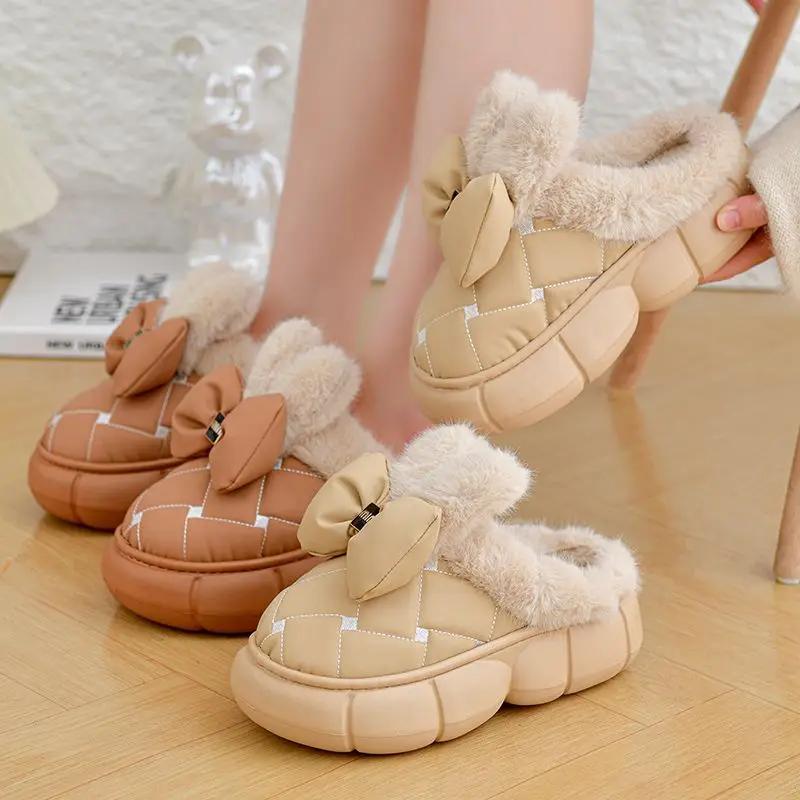 Fashion 2025 New Winter Waterproof Warm Slippers Women Home Floor Shoes Soft Plush Bow Female Indoor Furry Chunky Slippers