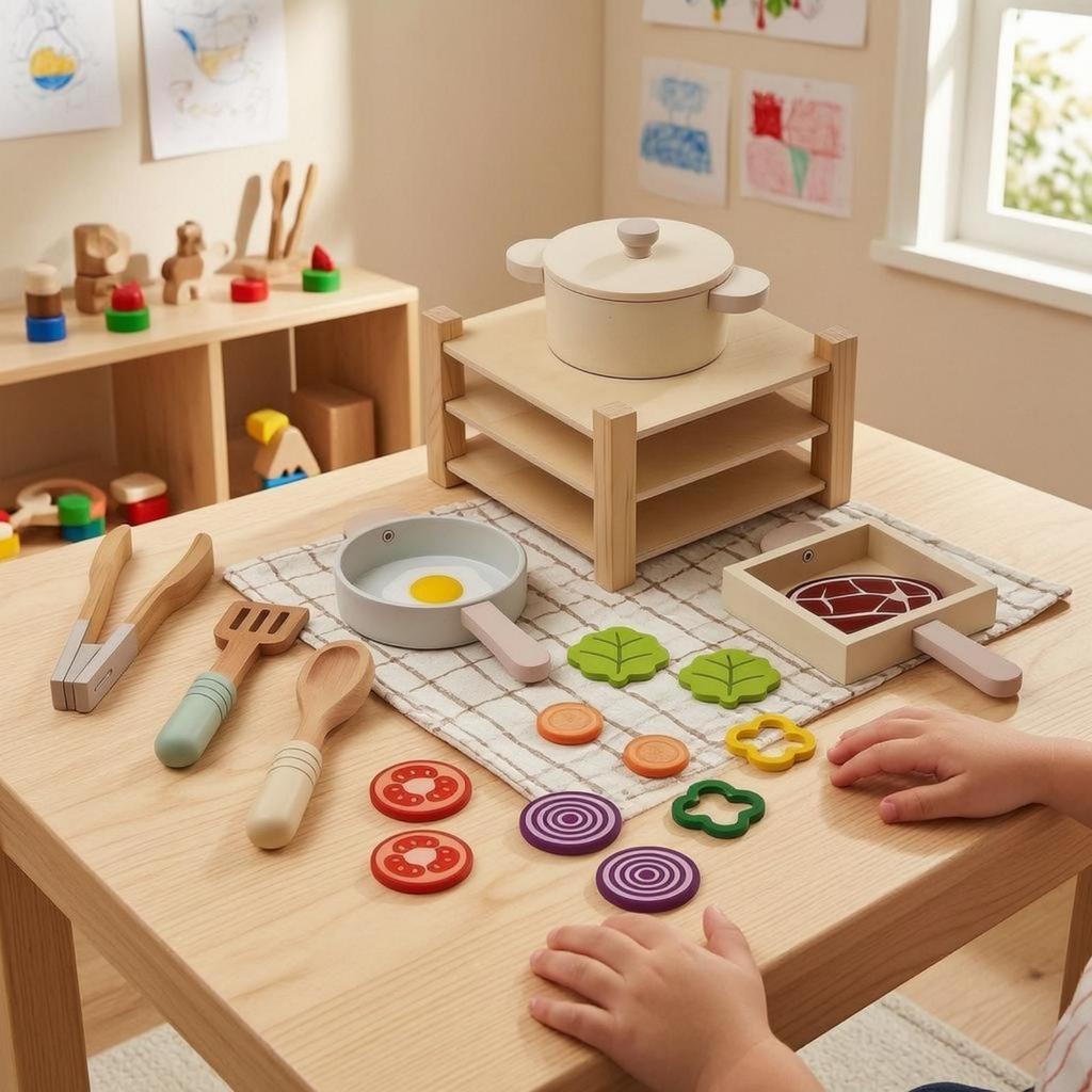 Wooden Play Kitchen Rounded Shapes Cooking Set FoodShaped RolePlay