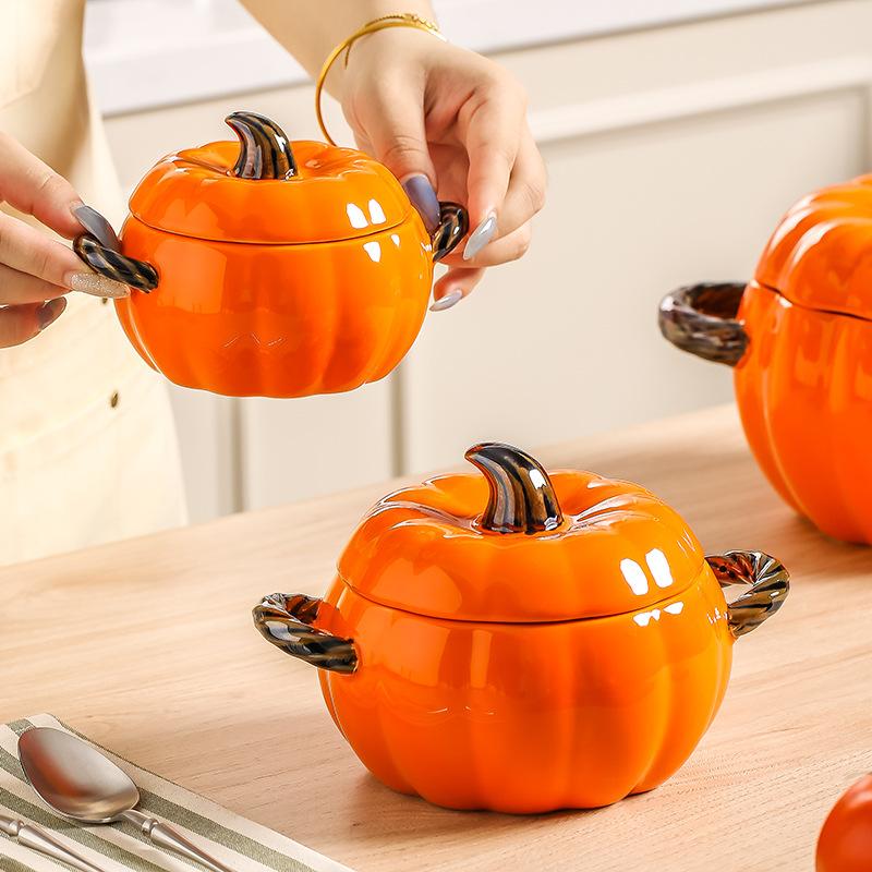 Cute Pumpkin Binaural Bowl With Lid Creative Ceramic Stew Cup Household Children'S Rice Bowl High Value Breakfast Pudding Small Bowl