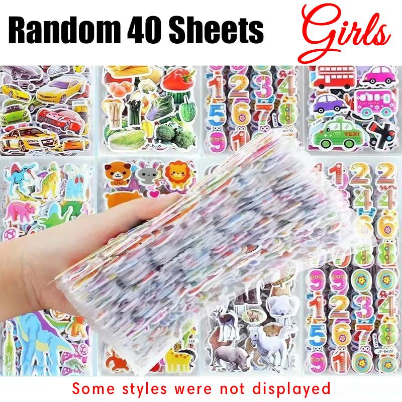 

40Sheets/Pack Assorted Cute Cartoon Styles 3D Bubble Stickers Animal Vehicle Heart Shape Flower Festival Class Rewards Gifts ZYF