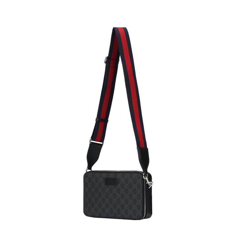 Gucci GG Supreme Detachable and Adjustable Webbing Bag with Zipper Closure Canvas and Leather Piping Crossbody Shoulder Bag Mini Men's Black
