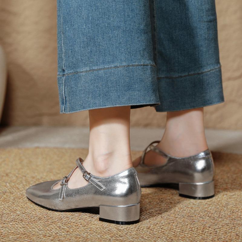 Retro Medium Thick Heel Women's Shoes Lightweight Mary Jane Shoes Cross Strap Square Toe Small Leather Shoes Shallow Mouth Casual Shoes