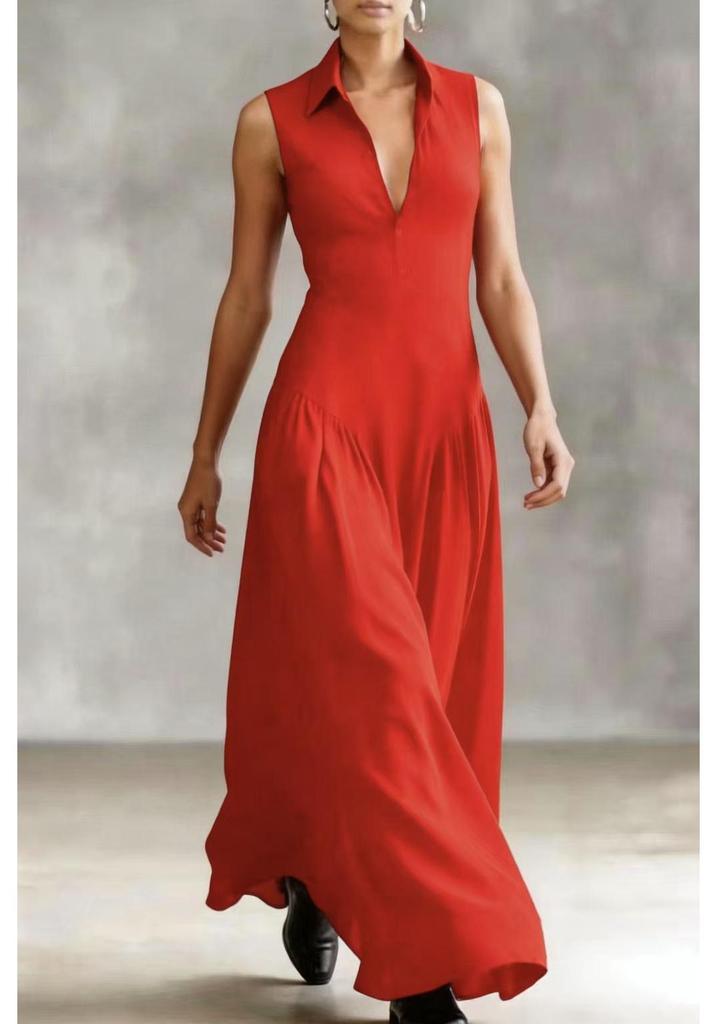 Elegant Black V-Neck Sleeveless Maxi Dress with Cinched Waist, Perfect for Work and Evening Events