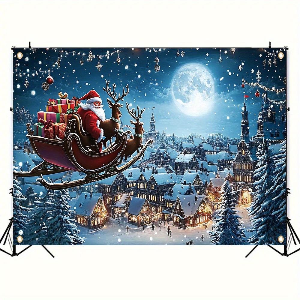 Bannière plate 2D 1 pièce Thème de Noël Ciel nocturne bleu Motif Père Noël Décoration murale pour la fête d'hiver du Nouvel An