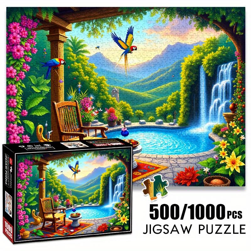 500/1000pcs Paper Jigsaw Puzzle: Dreamy Outdoor Leisure Scene - A Cozy Corner Surrounded by a Swimming Pool, Parrots, and Blooming Flowers. Large Jigs