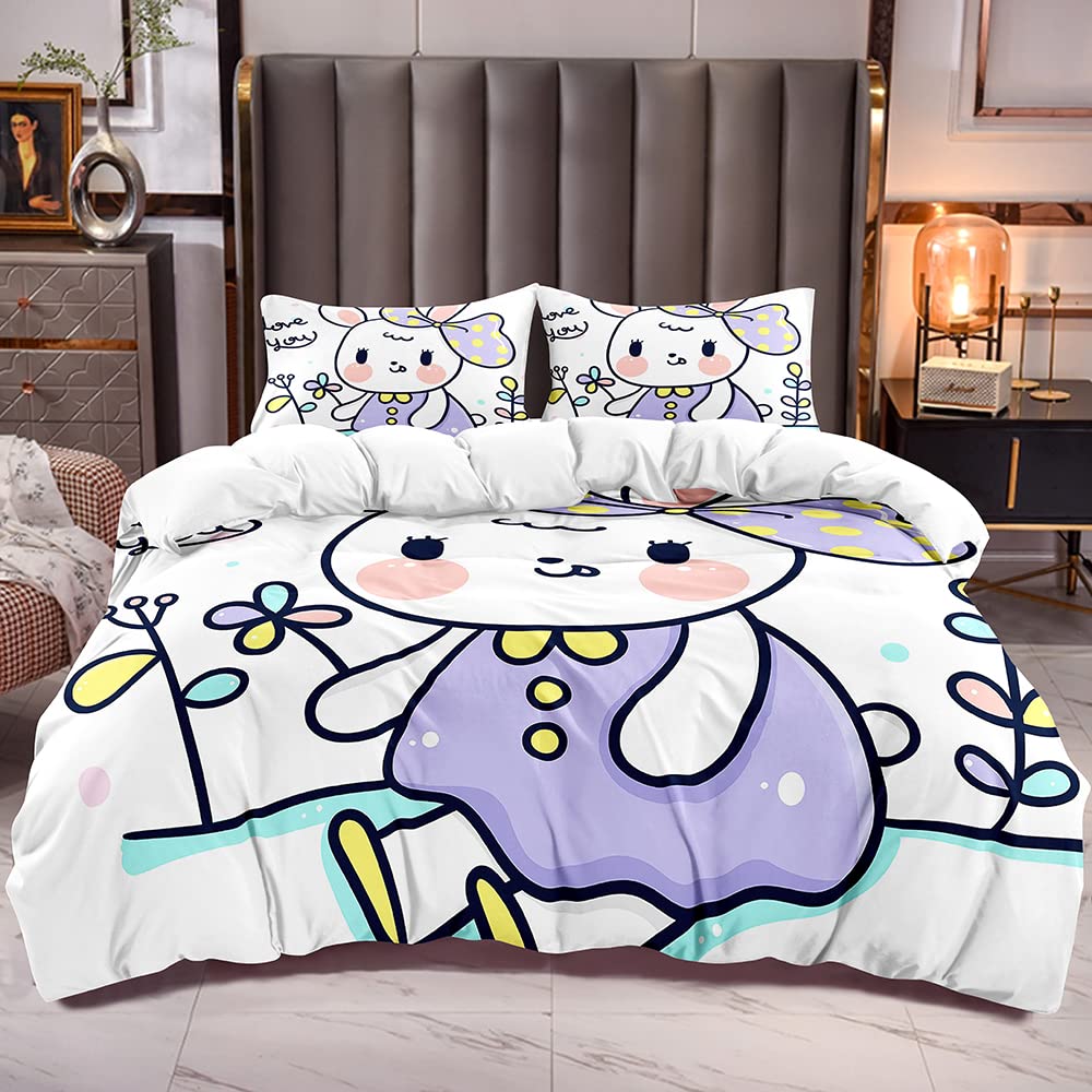 Cute Rabbit Duvet Cover Watercolor Sketch Of Sleeping Single White Easter Bunny Room Decorative Bedding Set For Girls Children