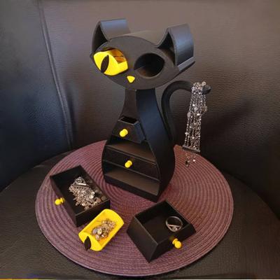 Caixa de Joias Yousheng em Formato de Gato Preto Organizador de Joias Gato Impresso em 3D com 6 Gavetas para Colares Pulseiras Brincos Anéis