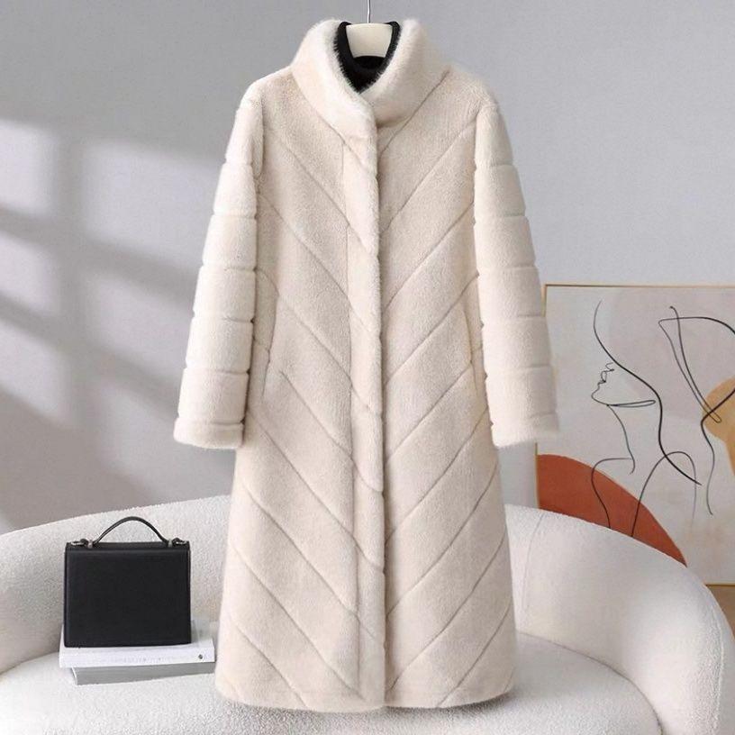 Women's Stand Collar Fur Coat Solid Color Thickened Fur Overcoat Long Fur Coat