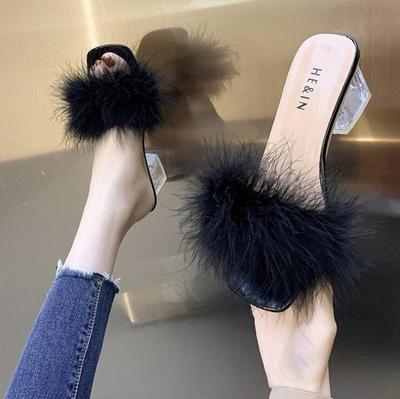 Woman Shoes Transparent Crystal High Heels Woman Feather Fur Slippers Pumps Women Cute Plush Slippers Size 35-43