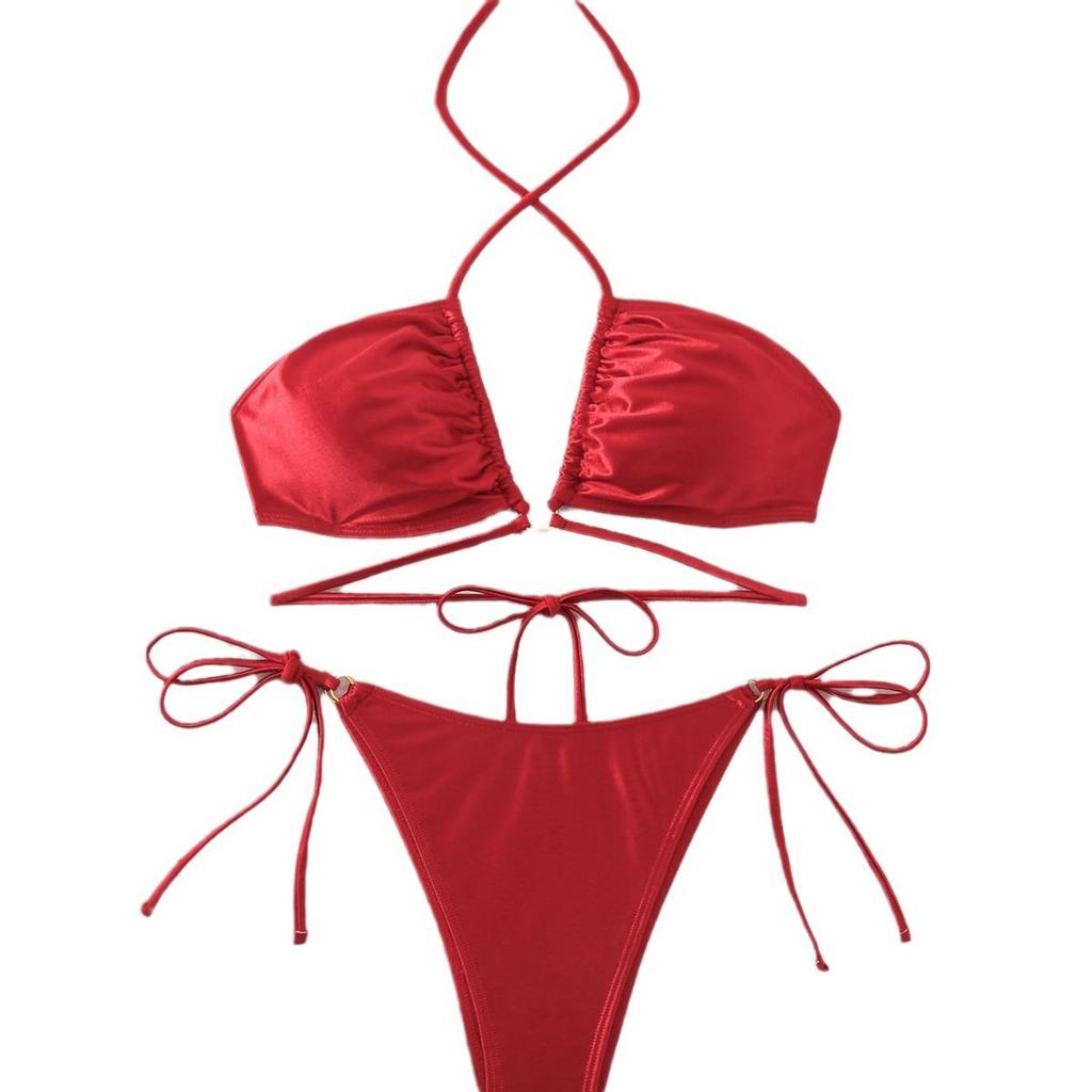 European & American Solid Color Backless Halter Bikini: Sexy Split, High-End Beach Style