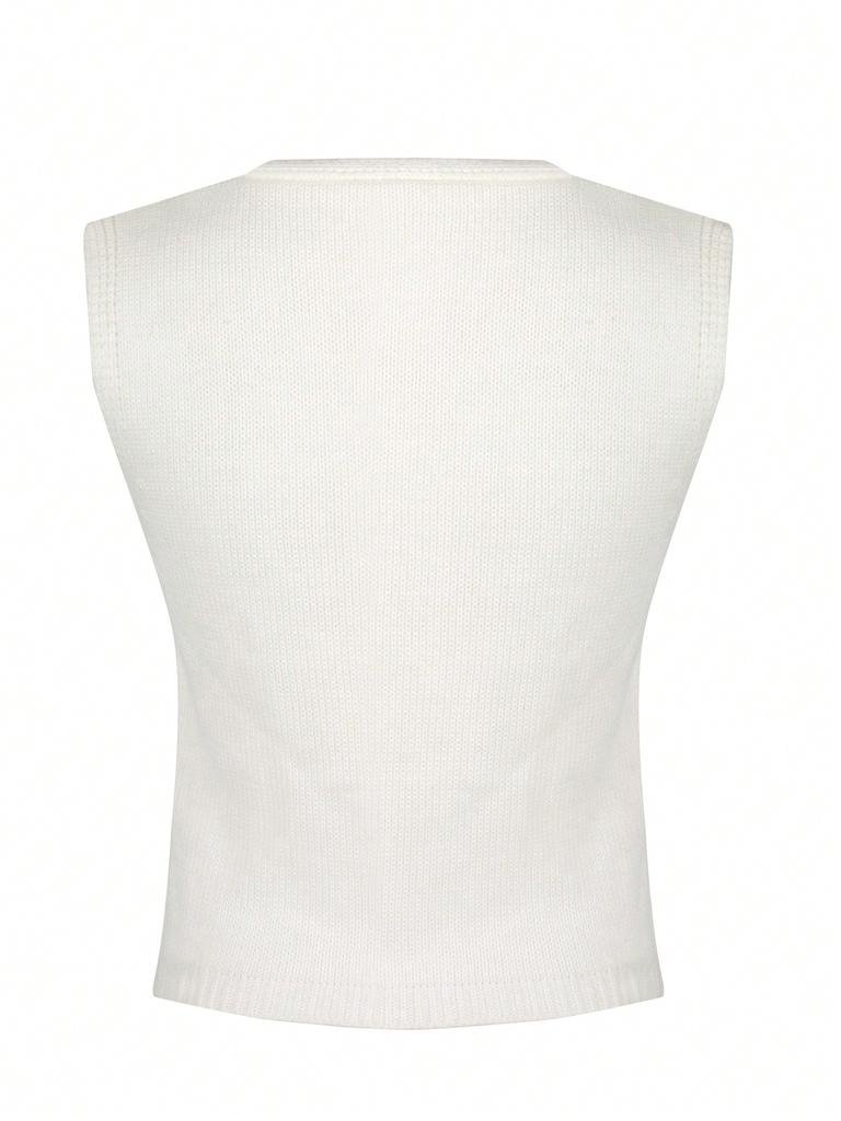 Rose Beauty A  Solid Casual V-Neck Grommet Front Split Hem Sleeveless Sweater Vest Top Knitted Waistcoat