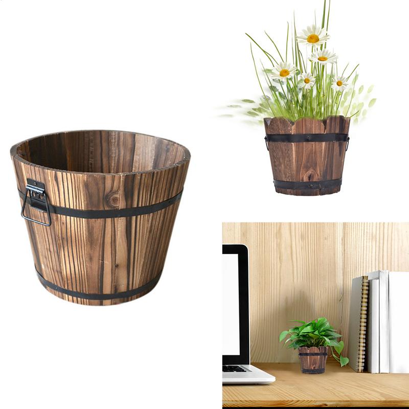 Carbonized Wooden Garden Succulent Plants Flower Pots Outdoor Flower Bucket Home Decor Round Retro Succulent Flower Pot Holder