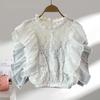 Mote Sommer Blonder Patchwork Skjorte Dame Heklet Hul Ståkrage Plissert Kortermet Bluse Elegant Casual Ensfarget Topper 3507