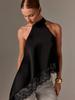 Women Summer Sleeveless Halter Top Satin Lace Trim Asymmetrical Hem Blouse