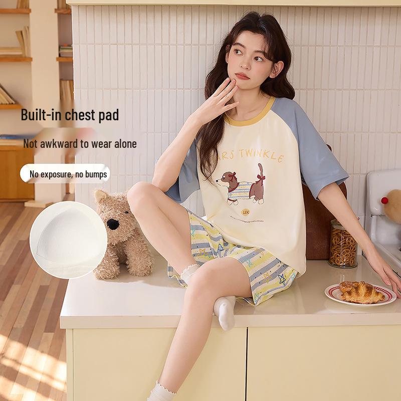 

Women s Casual Summer Pajama Set with Built-in Bra, Short Sleeves & Pants; Lightweight, Suitable for Students, Ideal for Outdoor & Home Wear Large