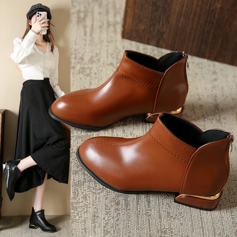 Women'S Oversized Fashionable Ankle Boots For Autumn And Winter  New Round Toe Low Heel Zipper Women'S Leather Boots