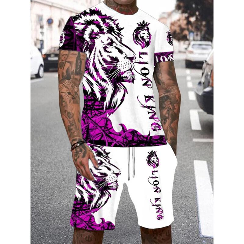 New Men's Summer Casual Everyday Short Sleeve and Shorts Set Cool The Lion King Print T-Shirt and Drawstring Short Set Men's Set