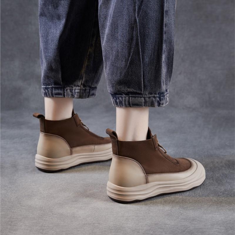 Johnature Botas Curtas Retrô de Couro Genuíno com Sola Grossa e Zíper Frontal Sapatos de Plataforma Casuais