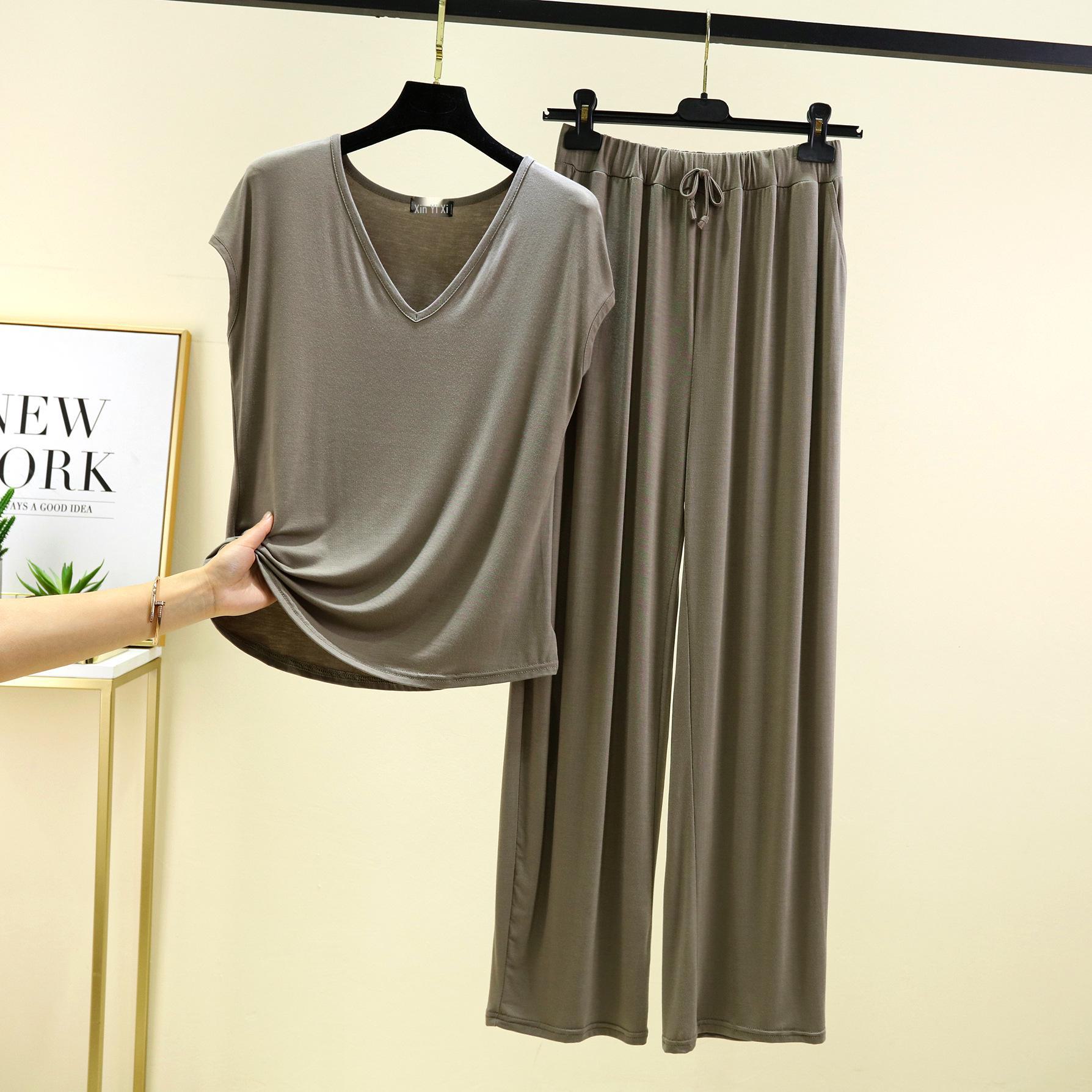 

Женская летняя модальная домашняя одежда без рукавов с V-образным вырезом: Свободный, облегающий комплект из двух предметов: футболка и брюки XXL зелёный/серый