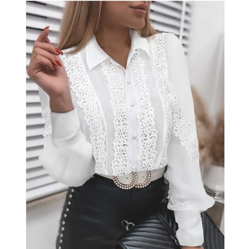 Women S Long Sleeve Lace V Neck Solid Color Blouse