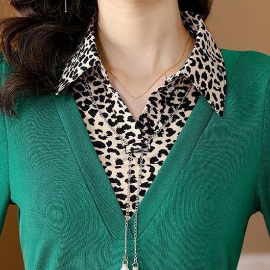 Women Leopard Print Jacket Patchwork Fake Two-Piece T-shirt Spring Autumn Casual Long