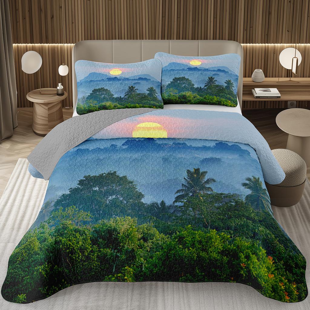 Forest Bedspread King/Full Magical Woodland Jungle Coverlet Set Dreamy Misty Scene Quilted Bedding Set Reversible Grey Bed Cover