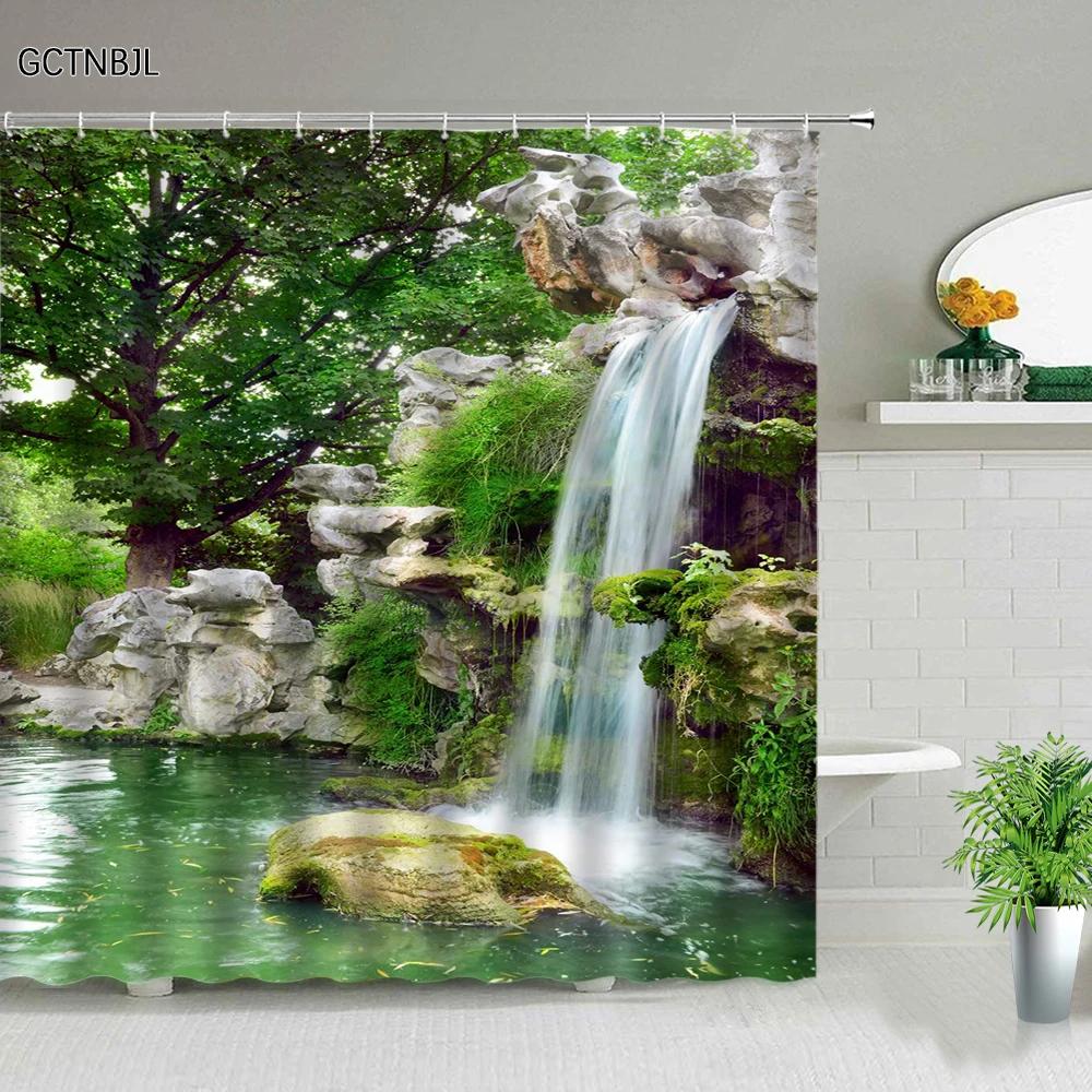 Park Garden Tree Flower Pond Nature Landscape Shower Curtain Bathroom Polyester Waterproof Fabric Curtains Home Bathtub Decor