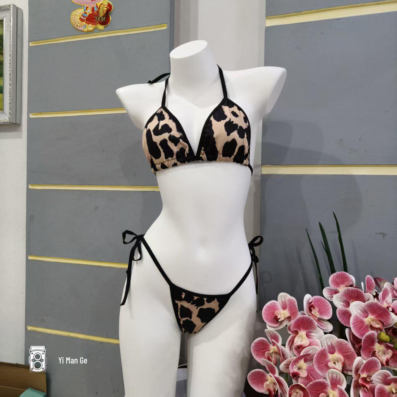 European & American Women s Sexy Leopard Print Butterfly Bikini Lingerie Set - Three Piece 70C