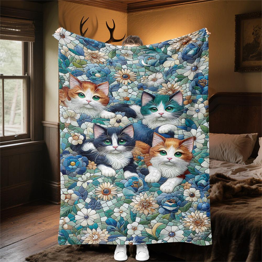 1PC Cats mosaicOutdoor Flannel Blanket - Soft Plush Decor for Picnics, Camping, Bedroom, Playroom, Office, or Lunch Break 1361A
