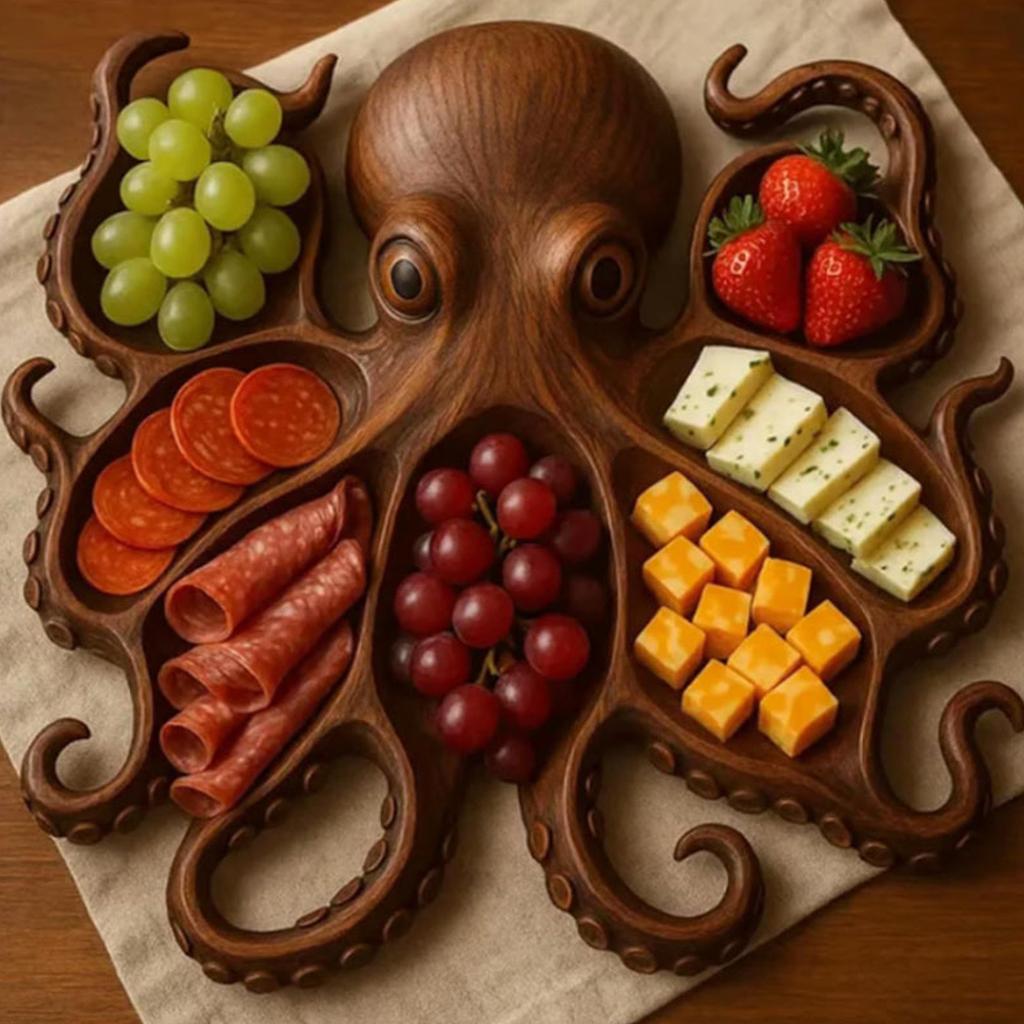 Oktopusförmige Servierplatte Buchenholz Käse- und Obst-Präsentationsbrett Küstenparty-Dekoration zur Unterhaltung von Gästen
