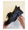 Cowhide Version~ Platform Small Leather Shoes Women's British Style Lace-up Single Shoes Black High Heels Thick Heel College Style Loafers