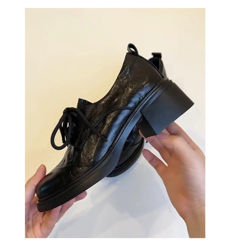 Cowhide Version~ Platform Small Leather Shoes Women's British Style Lace-up Single Shoes Black High Heels Thick Heel College Style Loafers