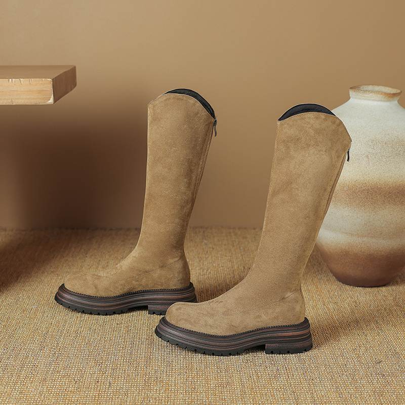 Krazing Pot Flock Autumn Winter Shoes Thick Med Heels Flat Platform Size 43 Modern Boots Stretch Knee Boots