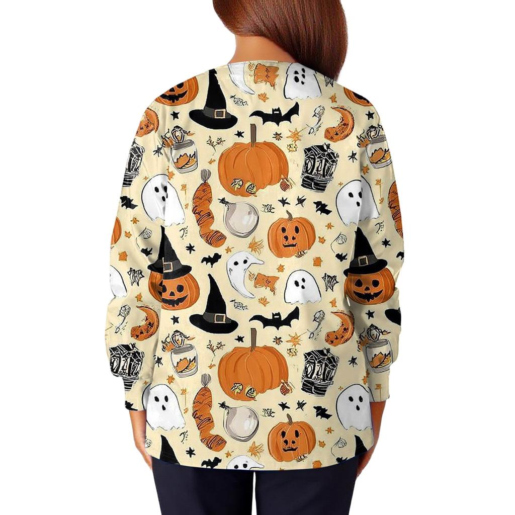 Women's Casual Fashion Long Sleeve Standing Collar Single Breasted Halloween Printed Workwear Jacket Tops