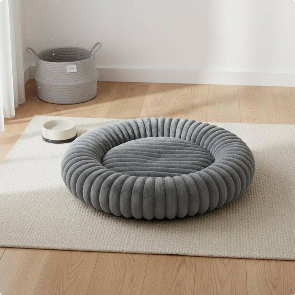 Round Soft Pet Bed Warm Donut Dog FourSeason Ribbed Lounger for Dogs, Cats Gray 40CM