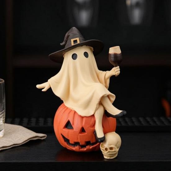 Harz Spukhaus Dekoration Niedliche Geisterfigur, Sitzt auf Kürbisstatue mit Hexe Halloween Tischhut, Tischdekoration für Party Lustige Regalpuppe