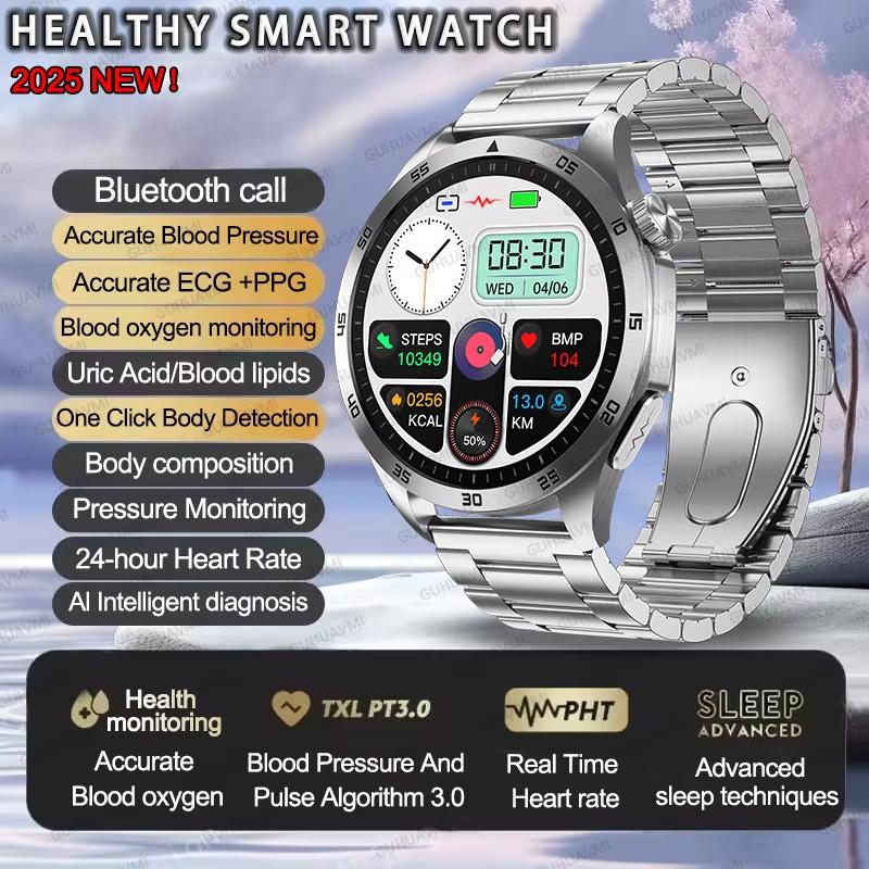 2025 New Micro Physical Examination Blood Lipids Uric Acid Blood Pressure Smart Watch ECG+PPG Clock Bluetooth Call Smartwatch Men
