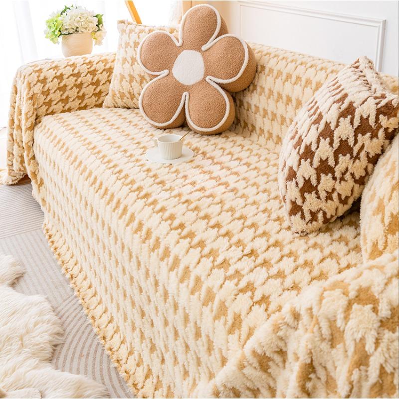 New Winter Lamb Velvet Sofa Cover Cloth Houndstooth Sofa Towel Full Cover Light Luxury Backrest Sofa Cover
