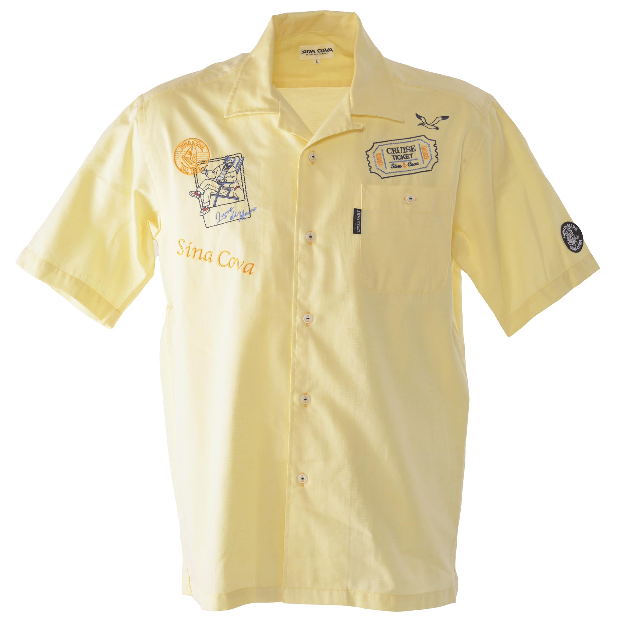 

Sinacova Men s Short Sleeve Shirt, 100% Cotton Chambray, Open Collar, Pastel Embroidered Logo, Captain Print, 24124550 (Corn Yellow), Size M