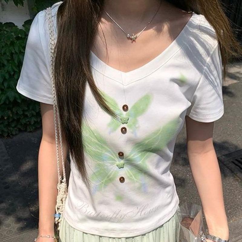 

Printed Style Women s T-shirt V-neck Slim Fit Butterfly Pattern Button Decoration Famale T-shirt Summer Casual Ladies Short Sleeved Pullover Top One Size
