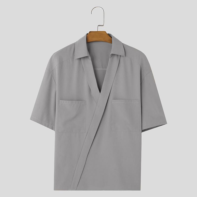 

INCERUN Летние мужские рубашки с воротником с лацканами и V-образным вырезом с короткими рукавами, свободные топы S