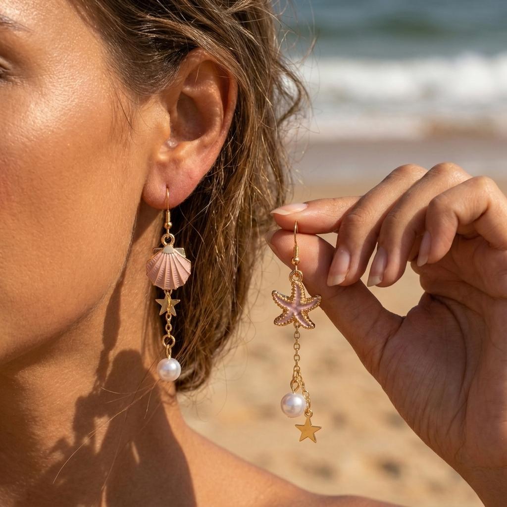 

1Pairs French Elegant Asymmetric Star Shell Pendant Earrings Women s Versatile Luxury Pearl Star Sweet Pink Ear Jewelry