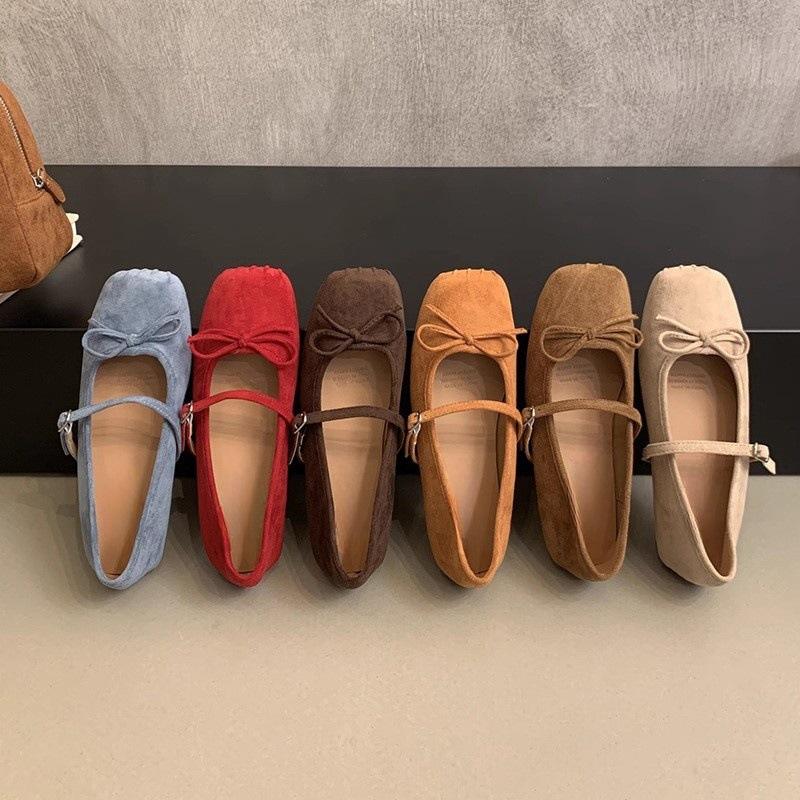 Suede square head shallow mouth single shoes women's autumn new late retro gentle ballet flat bottom Mary Jane