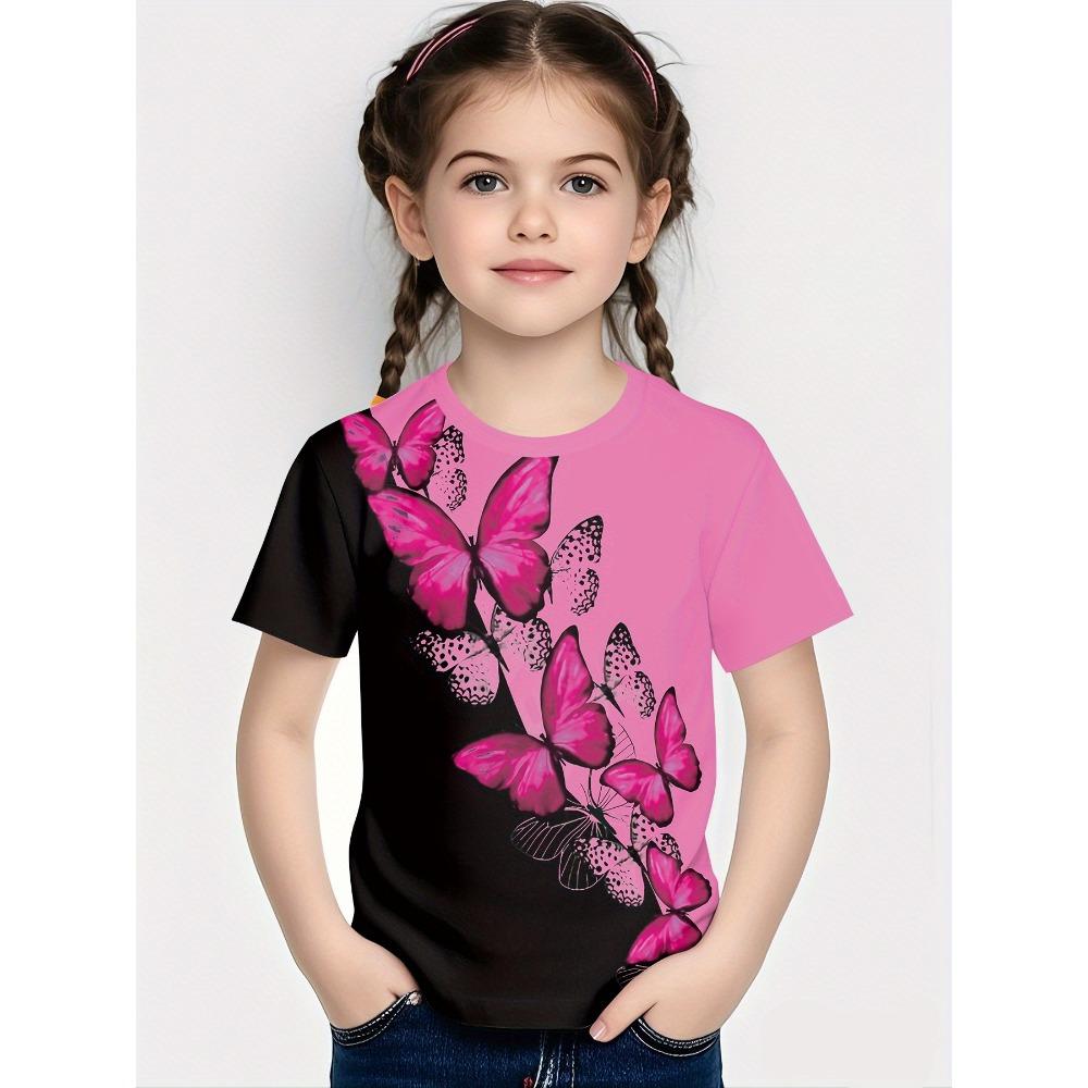3D printed butterfly pattern girls  short-sleeved T-shirt, casual round neck, loose fit 100