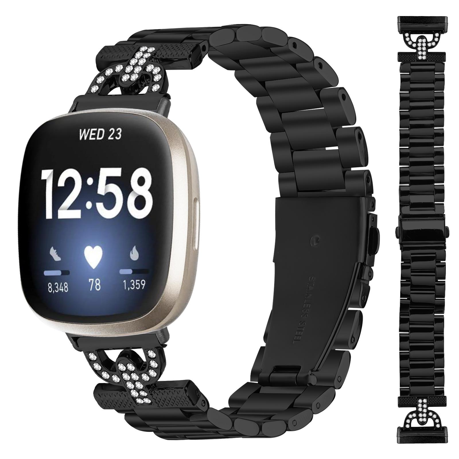 

Colored Watch Strap for Fitbit Versa 3/Sense Metal Band D-Shape Rhinestones Decor 3-Bead Black